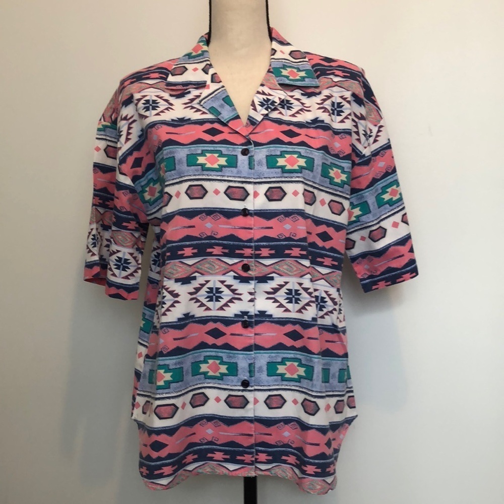 Cabrais  VTG southwestern design short sleeve button front shirt M/L 80s